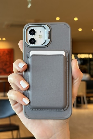 Apple Uyumlu iPhone 11 Premium Titanyum Gri Deri Magsafe Cüzdanlı Kartlıklı Kamera Çerçeve Standlı Kılıf Titanyum Gri