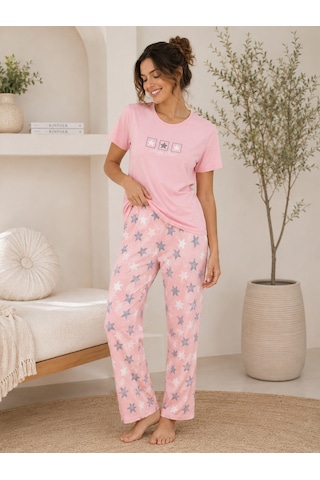 Wordex Mirano 4102 Yıldız Desenli Kısa Kollu Pamuklu Kadın Pijama Takımı Pembe