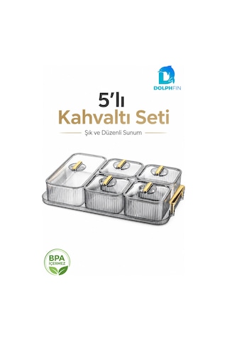5 Li Kapaklı Kahvaltılık Seti Şeffaf Gold Kulplu Sunum Tepsili Bpa İçermez Seffaf