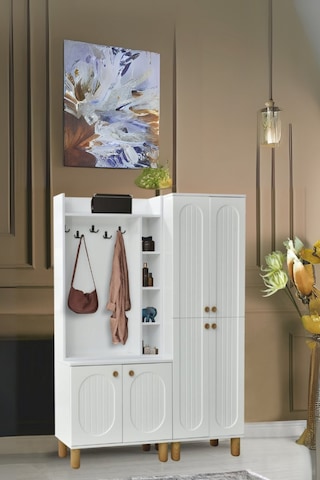 Lidya Portmanto Takımı Beyaz Raflı Askılıklı Ayakkabılık Dolap 140x37x195 cm