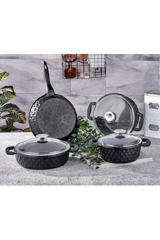 Taç Carabella Döküm 7 Parça Cam Kapak Tencere Seti Siyah