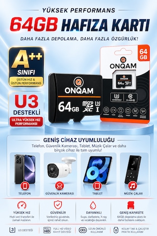 64gb Hafıza Kartı U3 Destekli A++ Class 10 Güvenlik Kameraları Telefon Müzik Çalar Ve Tablete Uygun Hafıza Kartı
