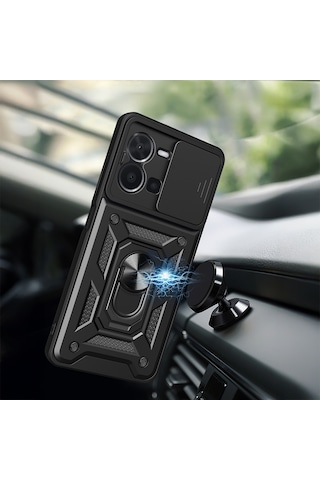 Vivo Y35 Kılıf Magnetik Standlı Kamera Korumalı Zore Sürgülü Vega Kapak - Siyah