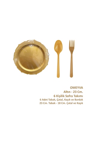 Omeyva Nişan Kına Piknik Altın Sorfa Seti - Sert Mika Plastik - 6 Kişilik Tabak Çatal Kaşık Takımı