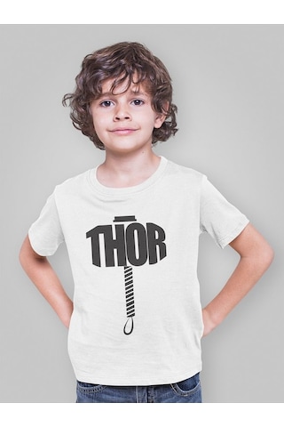 Sevbano Thor Çekiç Baskılı Unisex Avengers Çocuk Tişört 1-12 Yaş Beyaz