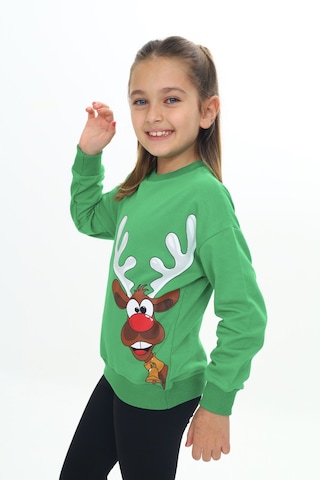 Toontoy Kız Çocuk Noel Baba Geyiği Baskılı Sweatshirt Çimen Yeşili
