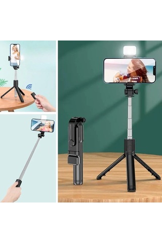 Buffer Kendiliğinden Işıklı Masaüstü Tripod Olabilen Telefon Tutuculu Kablosuz Kumandalı Selfie Çub