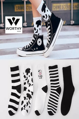 Worthy Socks 5'li Kadın Siyah-beyaz Inek Desenli Çizgili Pamuklu Tenis Kolej Çorap Siyqh-beyaz