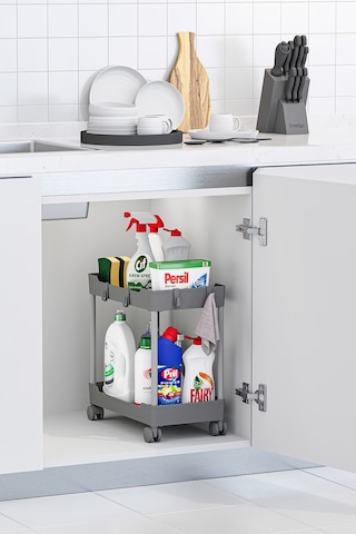 2 Adet Gri 2 Katlı Tekerlekli Düzenleyici Mutfak Ve Banyo Rafı