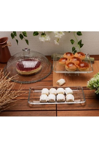 Paşabahçe Patisserie Madlen Pasta Servis Sunum Tabağı Seti, 3 Parça, Cam Çok Renkli
