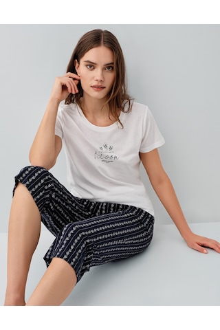 Pierre Cardin 9207 Modal Pamuk Cepli Kısa Kol Kapri Kadın Pijama Takımı Beyaz