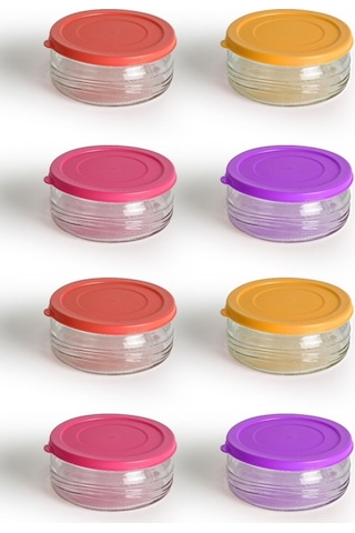 8'li Premium Kahvaltılık Seti 410 Cc Renkli Plastik Kapaklı, Cam Saklama Kabı, Hava Geçirmez Çok Renkli