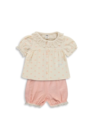 Civil Baby Yaka Dantelli Kalp Baskılı 6-18 Ay Takım - Bej Krem
