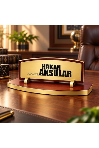 Bk Gift Kişiye Özel Ahşap Masa İsimliği Gold Plakalı Bk27 -5 Çok Renkli