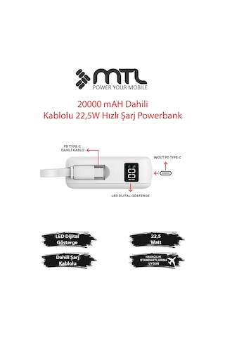 20000 Mah 22.5w Süper Hızlı Şarj Dahili Kablolu Led Göstergeli Pd Ve Qc 3.0 Powerbank Mt4550 Beyaz