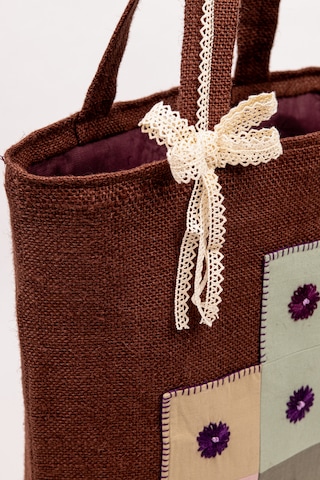 Fabric Craft Bag Kadın Omuz Çantası Jüt Kumaş Astarlı İç Cepli Aplikeli Kahverengi 43x40 Cm