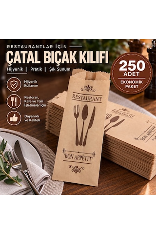 Şamua Kağıt Çatal Bıçak Kılıfı 250 Adet Kahverengi Baskılı Restoran Cafe Kaşıklık Servis Kılıfı
