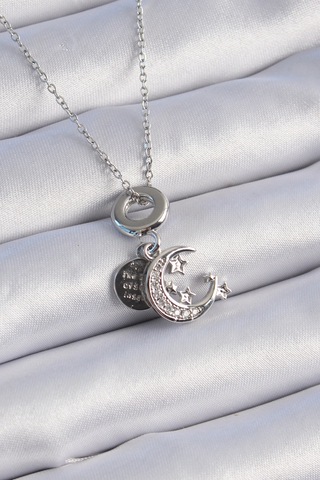 Gümüş Renk Zirkon Taşlı Ay Yıldız Figür Charm Model Kadın Kolye - Ebj241012w28468 Bakır