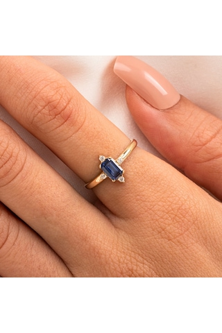 Gümüş Yüzük - Octagon Kesim Safir Taşlı 0.95 Karat Pırlanta Montorü Şık 925 Ayar Gümüş Yüzük Sarı