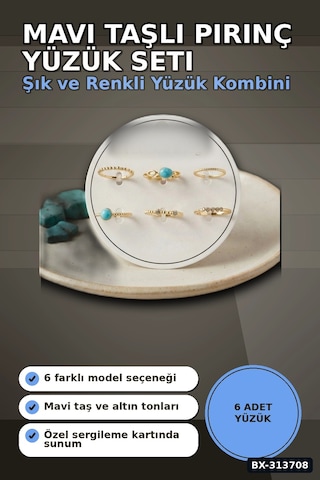 Mavi Taşlı Pirinç Yüzük Seti 6 Adet 7-8 Numara Bayan Bijuteri Takı Hediyelik Bx-313708 Çok Renkli