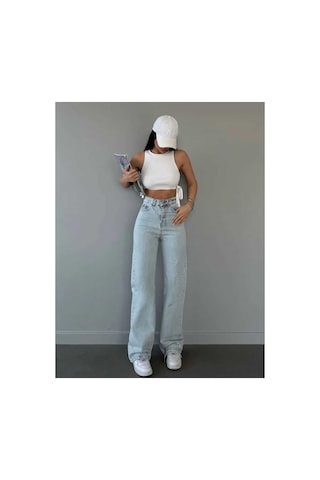 Woddi Sara Salaş Kar Yıkama Mavi Kot Palazzo Bol Paça Jeans New Taş1