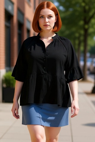 Ersefa Kadın Plus Size V Yaka Kısa Kol Dokuma Peplum Gömlek Konforlu Ve siyah