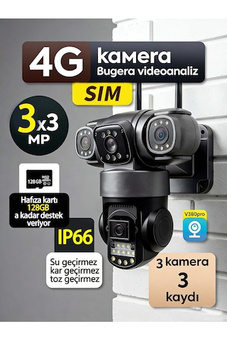 Üçlü Lens 6mp 4g Sım Ptz Dış Mekan Güvenlik Kamerası: 360 Panoramik, 7/24 Kayıt, Hareket Sensörlü Alarm, Gece Görüş, Suya Dayanıklı Gövde