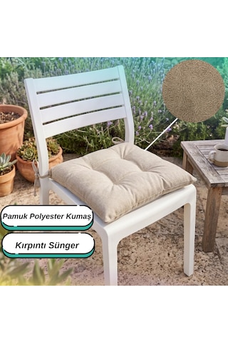 2'li Set 45x45 Cm Bej Bağcıklı Sandalye Minderi - Pamuk Polyester Kumaş Kırpıntı Süngerli Bahçe Ve Mutfak Sandalye Minderi
