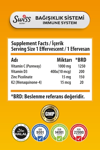 Swiss Bork C Vitamini 1000 Mg Çinko D3 K2 İçeren 20 Efervesan Tablet 2 Li Avantaj Paket
