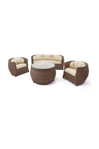 Monalin Home Garden Atlantis 5 Kişilik Rattan Örgü Bahçe & Balkon & Teras Lüks Oturma Grubu Minderli & Camlı & Masalı Lüks Bahçe Takımı Krem