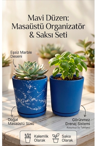 2 Li Seramik Saksı Kalemlik,fırçalık,masa Organizeri / Modern Dekoratif El Yapımı Tasarım Mavi