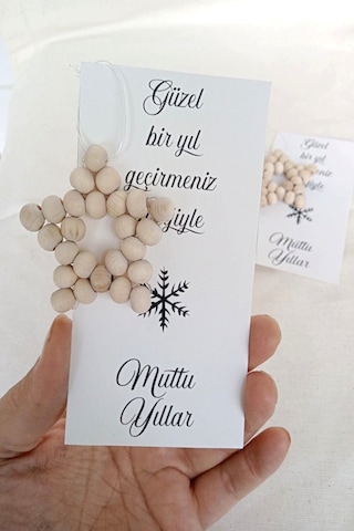15 Adet Tebrik Kartlı Ahşap Naturel Yıldız Süs - Yılbaşı Hediyesi