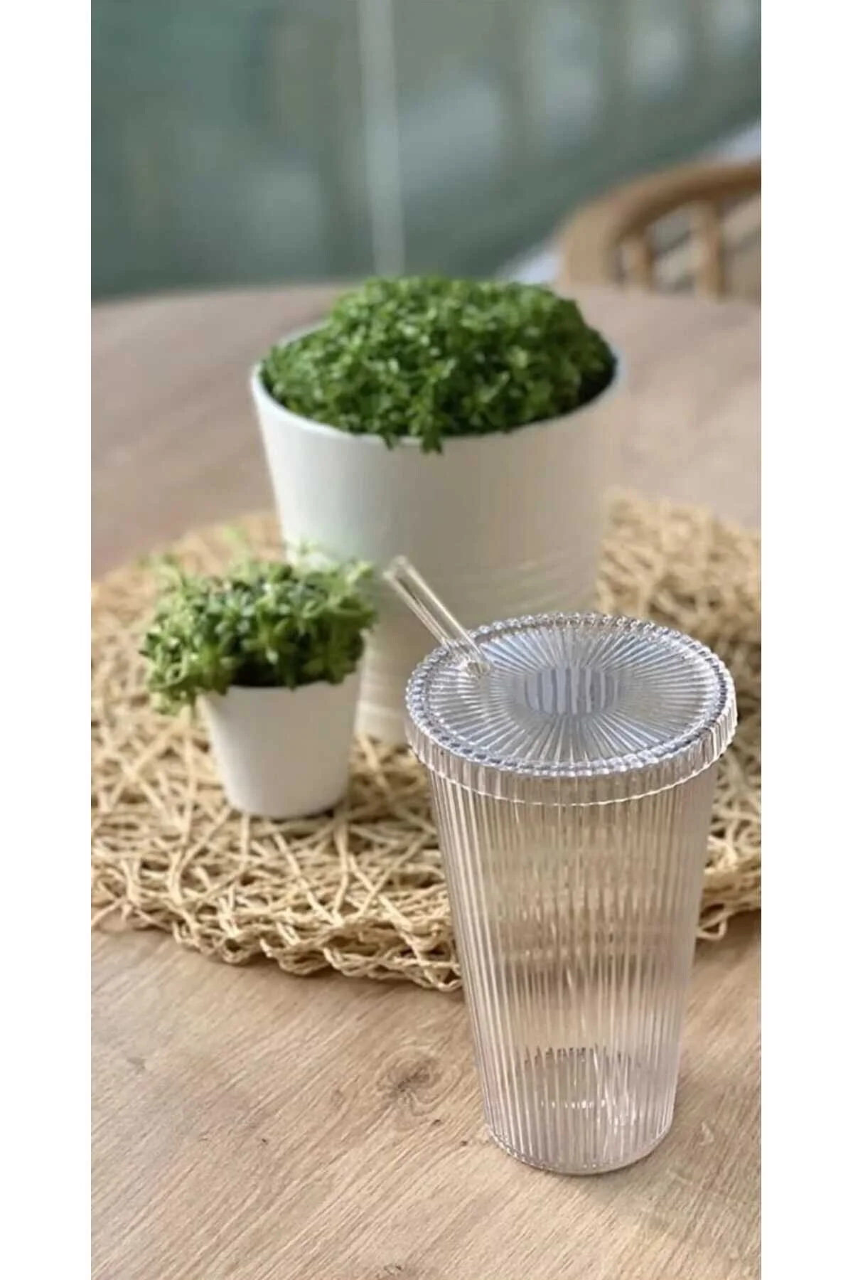 2 Adet 600 Ml Mika Kapaklı Pipetli Origami Stil Mika Bardak Sunum Bardağı Meşrubat Bardağı Şeffaf