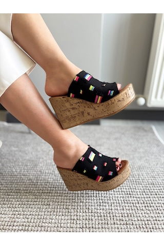 Asmi Shoes Kadın Limo Siyah Kot Dolgulu Mantar Taban Terlik 10 Cm Siyah