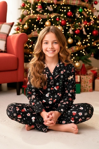Kız Çocuk Yeni Yıl Temalı Pijama Takımı-%100 Pamuk Süet -12450 Siyah