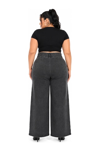 Büyük Beden Beli Lastikli Bağcıklı Yüksek Bel Taş Şerit Detaylı Bol Paça Denim Kadın Pantolon Siyah