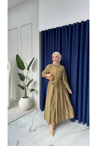 %100 Tensel Kumaş Astarlı Gizli Düğmeli Kuşaklı Elbise 135 Cm Beyaz, Acı Kahve, Mavi, Yağ Yeşili, Açık Sarı, Siyah, Pembe