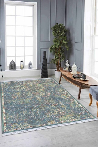 Mavi Vintage Dokuma Pamuk Tabanlı Kaymaz Kilim Klm335n11