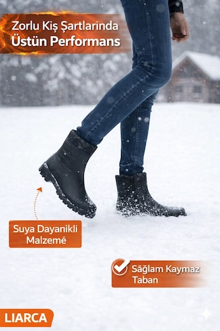 Erkek Kar Botu İçi Yünlü, Fermuarlı, Suya Dayanıklı, Kışlık... Siyah