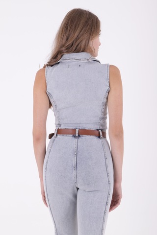 Dekoratif Kemer Detaylı Ve Kolsuz Fermuarlı Rahat Kot Kadın Tulum Kar Yıkama Açık Mavi Denim Kar Yıkama Açık Mavi
