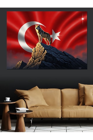Ay Yıldızlı Kurt Dağ Zirvesi Dekoratif Kanvas - Mdf Ahşap Tablo