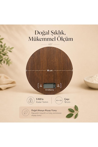 Akasya Ahşap Görünümlü Dijital Mutfak Terazisi 5 Kg, Hassas Mutfak Tartısı, Gramaj Ölçer, Gıda Ve Hamur Ölçüm Tartısı Çok Renkli