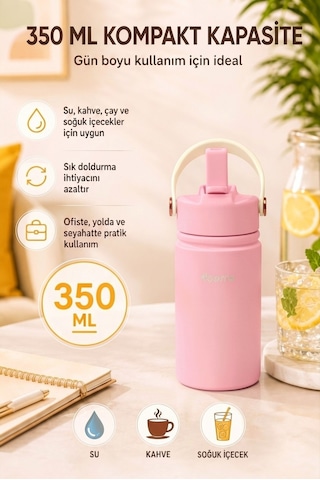 350 Ml Kulplu Pipetli Çelik Termos Bardak Bpa Free, Taşınabilir Mini Termos, Pembe Renk