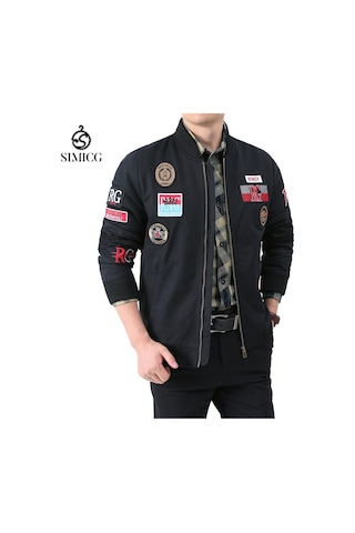 Erkek İlkbahar Ve Sonbahar Uzun Kollu İnce Beyzbol Yaka Baskılı Ceket Siyah