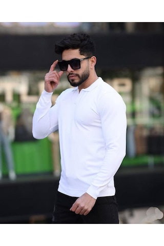Classics Men Gewer Polo Yaka Uzun Kol Erkek Örme Triko-7152 Beyaz