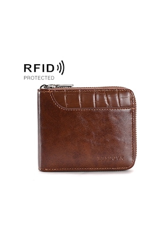 Sones Rfıd Hırsızlığa Karşı Korumalı Erkek Cüzdanı Çok İşlevli Kısa Fermuarlı Çanta Kahverengi