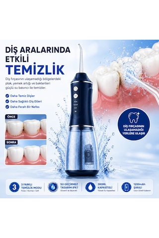 Polham Taşınabilir Şarjlı Ağız Duşu 380 Ml Diş Ve Diş Eti Bakım Cihazı ,1200 Mah, Ipx7 Su Geçirmez, 3 Temizlik Modlu, 4 Başlıklı