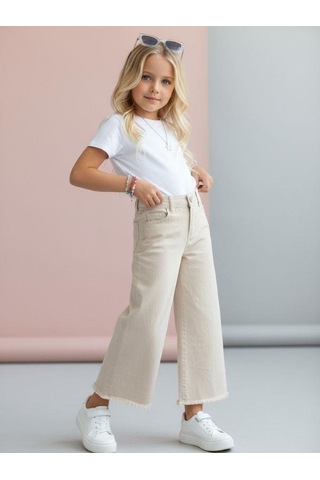Zekids Kız Çocuk Pamuklu Paçaları Püsküllü Pantolon-16677 Bej