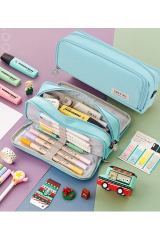 Büyük Kapasiteli Kalem Kutusu, 3 Bölmeli Kalem Kutusu, Kalem Saklama Çantası, Okul İçin, Kadınlar, Erkekler, Kız Ve Erkek Çocuklar İçin Açık Mavi Th