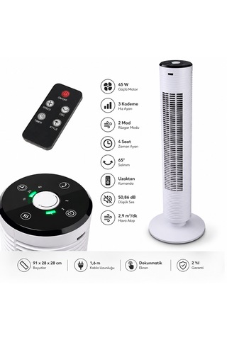 Kule Tipi Kumandalı Vantilatör 45w Beyaz 3 Hız Kademesi, 65 Salınım, Dokunmatik Panel, Uzaktan Kumandalı